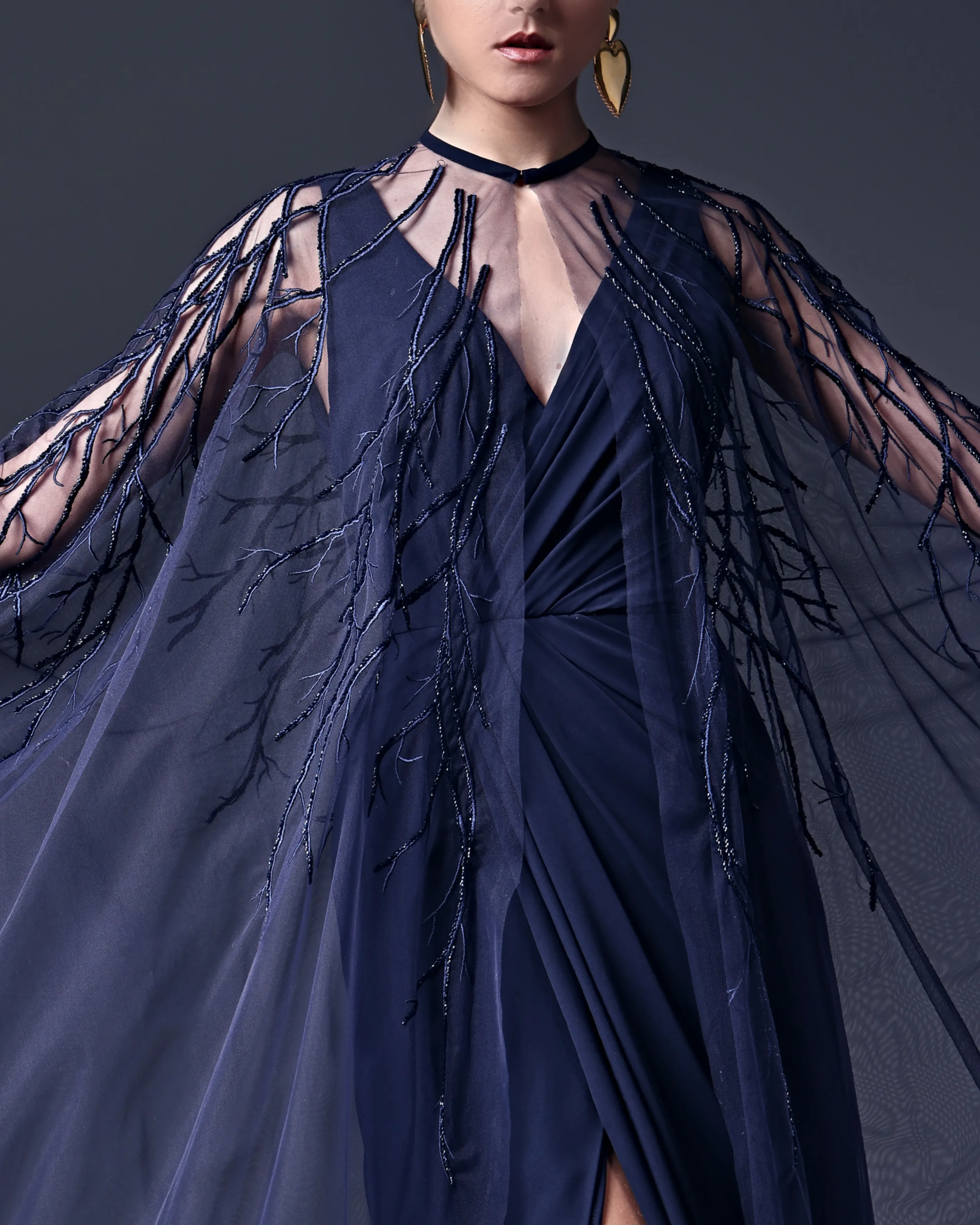 Two Piece Embroidered Cape & Open Slit Draped Dress