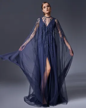 Two Piece Embroidered Cape & Open Slit Draped Dress