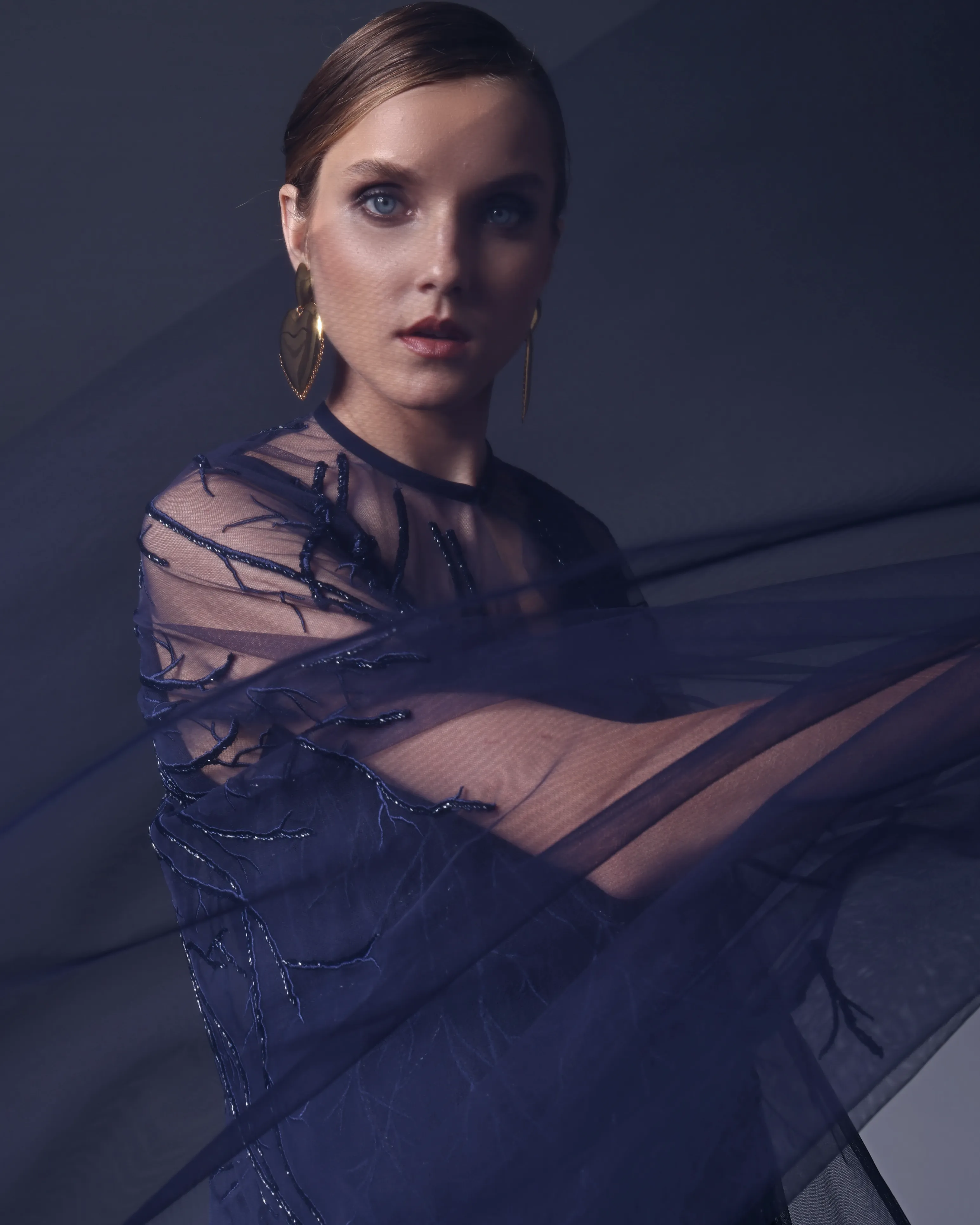 Two Piece Embroidered Cape & Open Slit Draped Dress