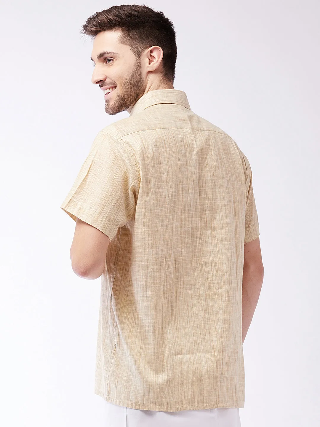 VASTRAMAY Men's Beige Cotton Blend Ethnic Shirt