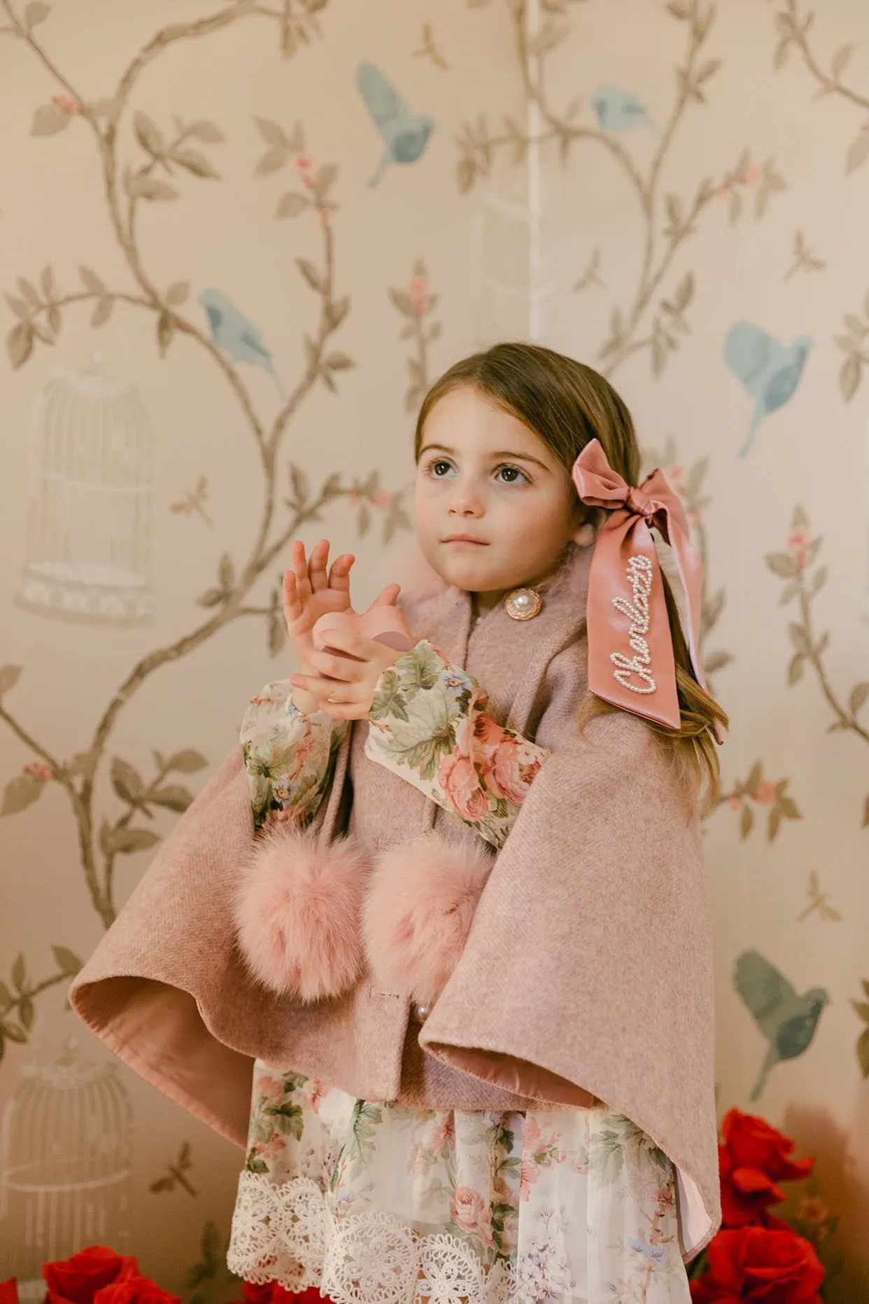 Victoria for MI LOVES Collaboration!!Beautiful ROSE Cape with Luxurious Fox fur Collar and pom-poms