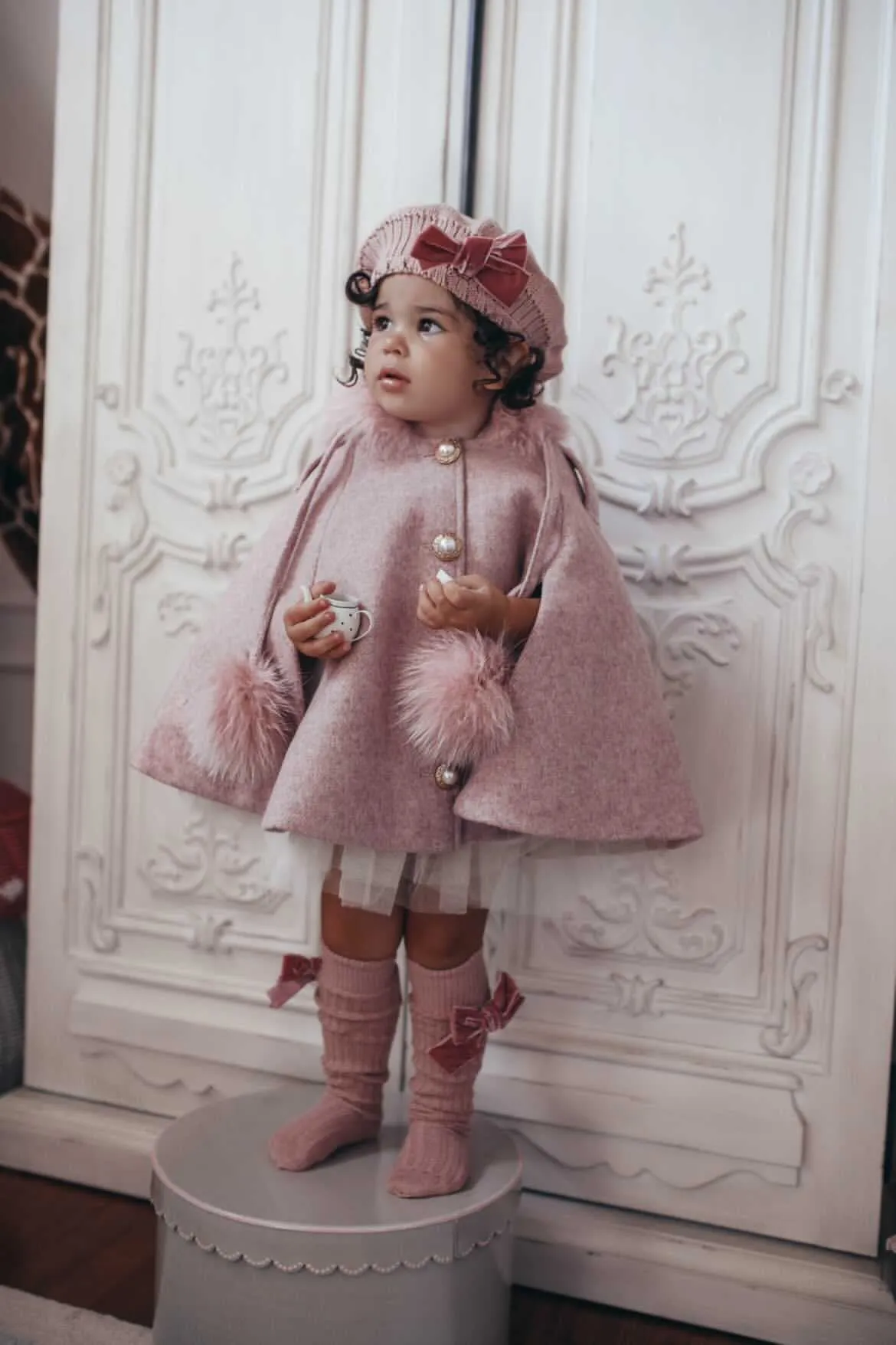 Victoria for MI LOVES Collaboration!!Beautiful ROSE Cape with Luxurious Fox fur Collar and pom-poms