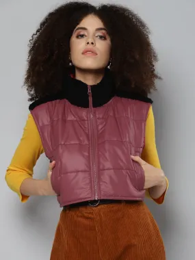 Women Maroon Fur Shoulder Crop Jacket