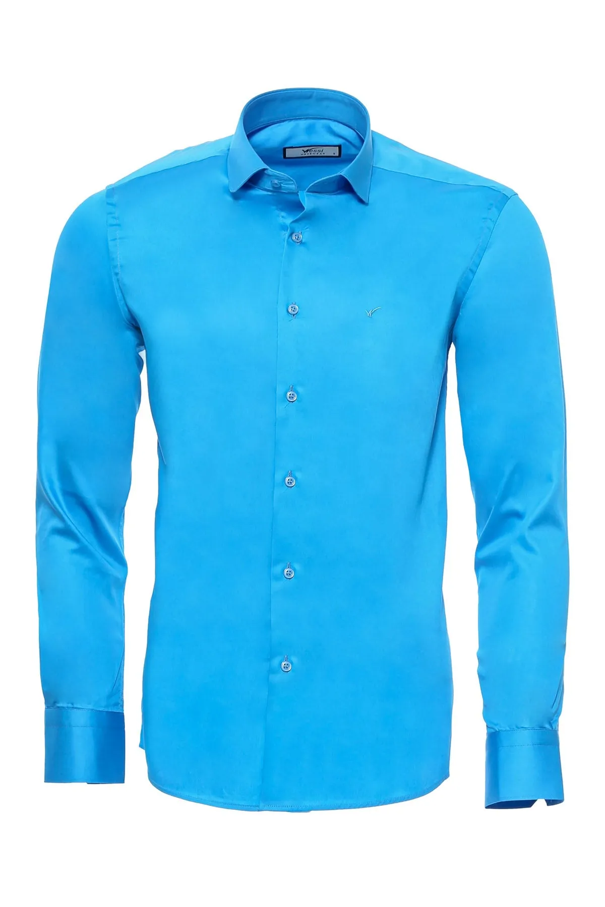 WSS Long Sleeves Cotton Satin Slim Fit Turquoise Men Shirt  - Singen
